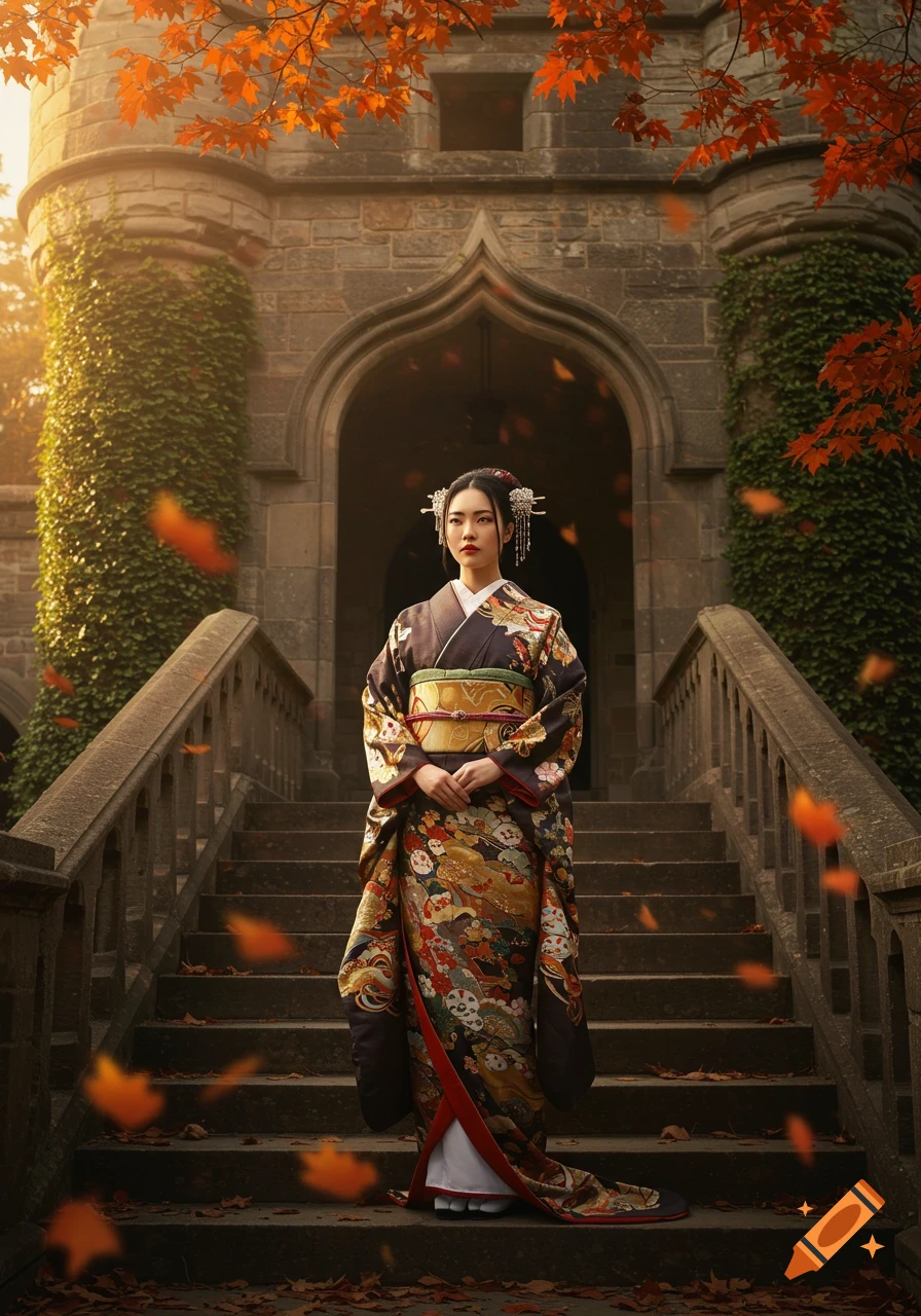 A woman in a dark, ornate kimono stands on stone steps before a castle, surrounded by falling orange autumn leaves.