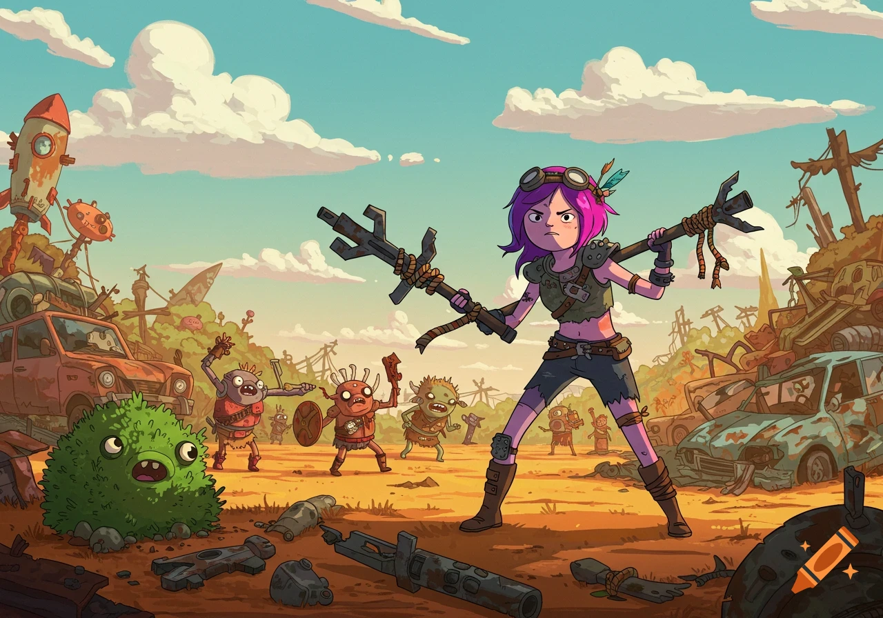 A pink-haired raider girl with a wrench-like weapon faces cartoonish tribals in a post-apocalyptic junkyard, Adventure Time style.