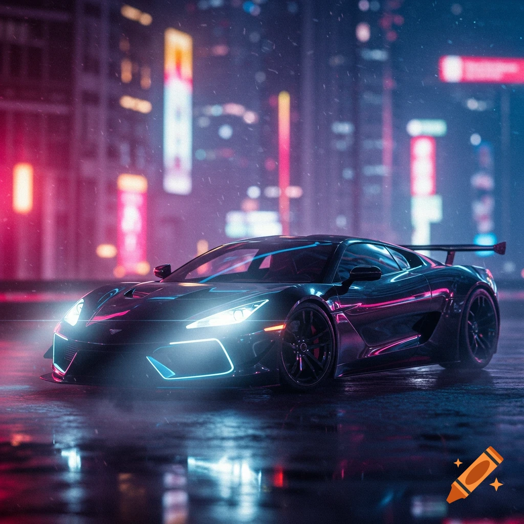 A black sports car with glowing blue and white accents sits on a wet street at night, reflecting neon city lights.