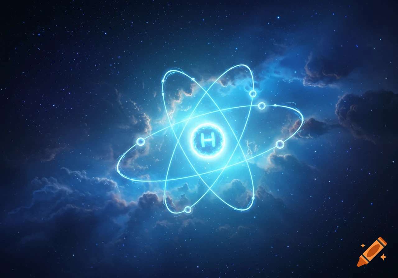 A glowing blue hydrogen atom model with orbiting electrons against a dark starry cosmic background.