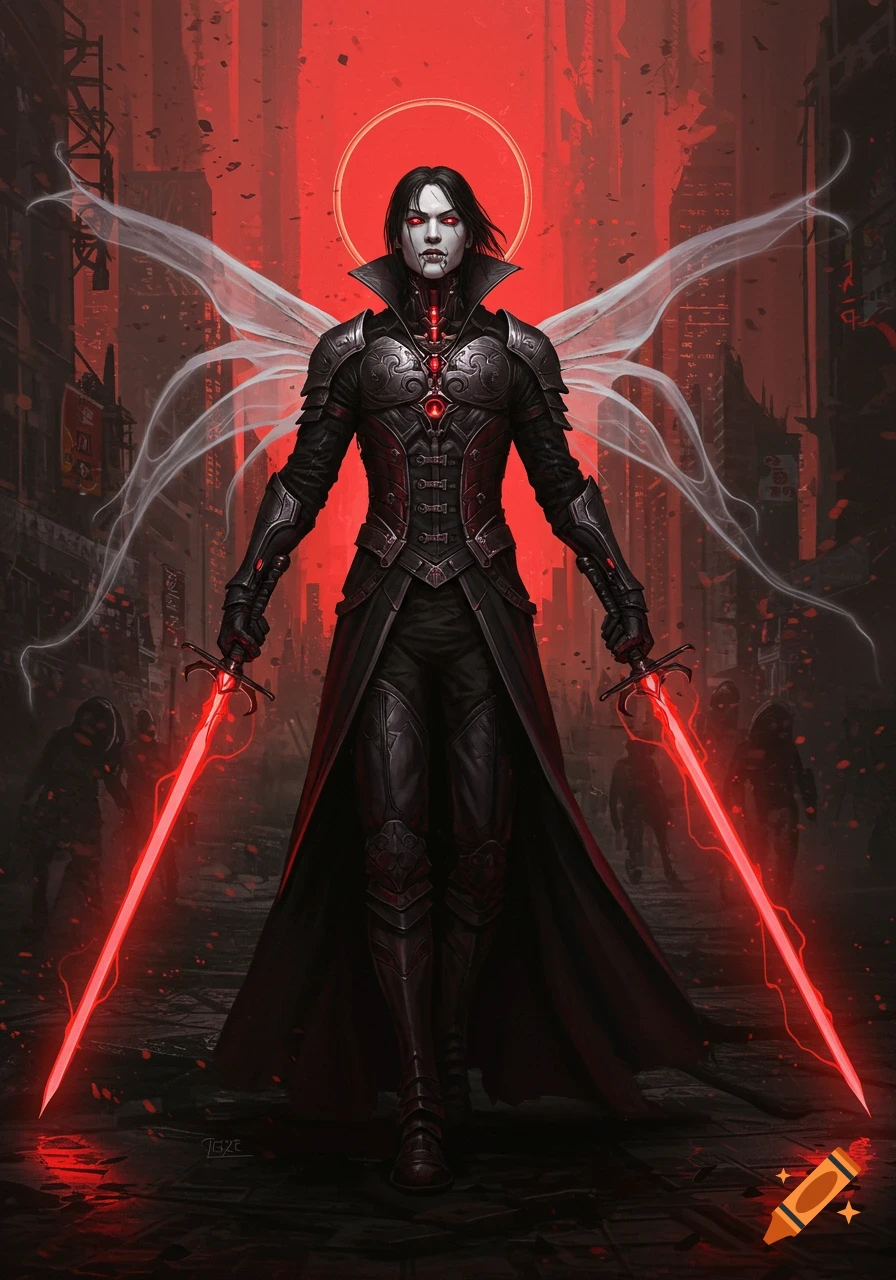 An androgynous cyber vampire in black armor, with pale skin and red eyes, stands holding two glowing red energy swords amidst a ruined cyberpunk city, with white tendrils emanating from their back, in a dark red, black, and white stylized art.