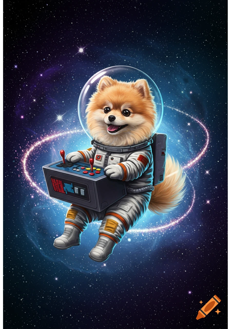 A cute fluffy Pomeranian in an astronaut suit floats in space, happily playing a video game on an arcade controller.