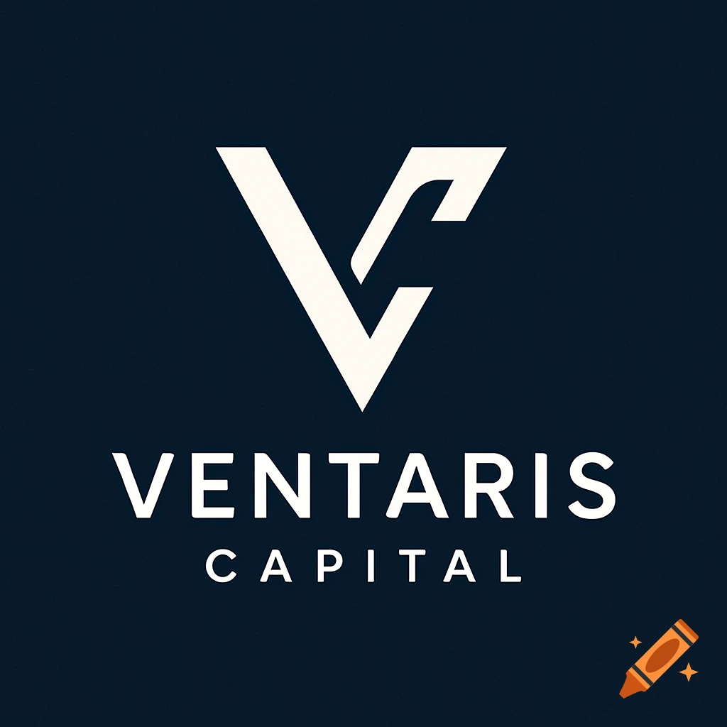 A minimal white logo featuring a stylized 'V' above the text 'VENTARIS CAPITAL' on a dark blue background.