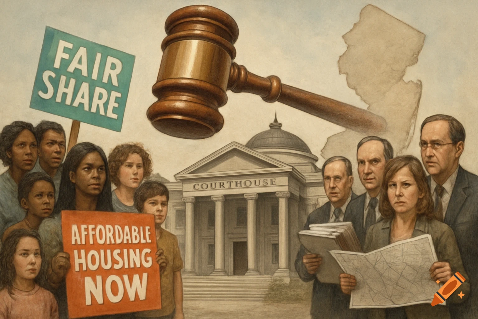 Illustration of diverse families protesting for affordable housing in front of a courthouse with a gavel and officials; a New Jersey map is in the background.