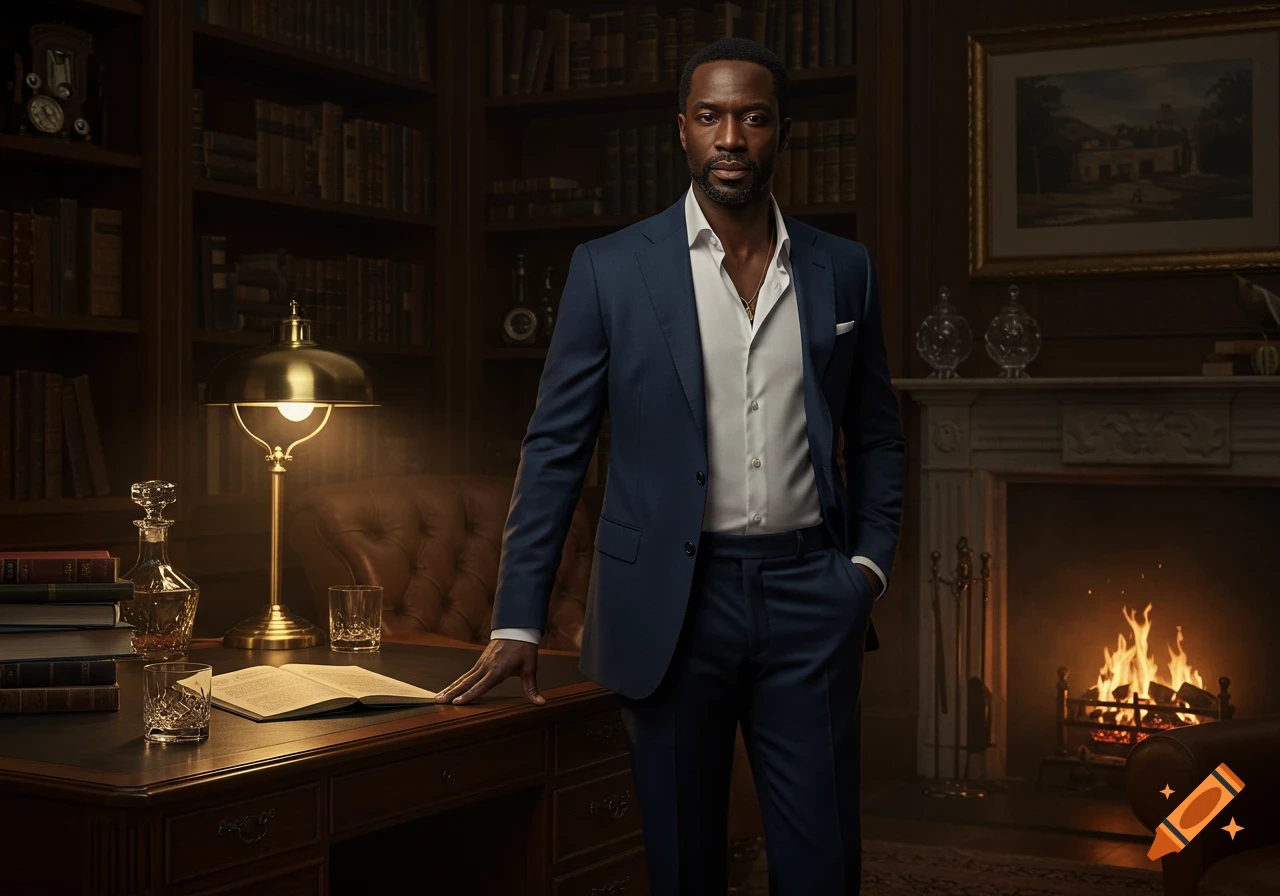 A dark-skinned man in a navy suit stands in a richly paneled library, hand on a desk with an open book, next to a lit fireplace.