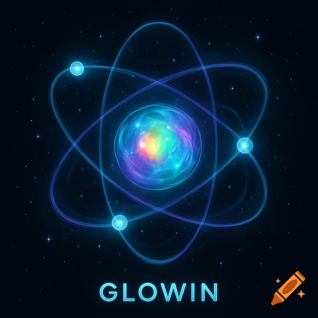 A vibrant, glowing Bohr model of an atom with blue orbitals and a colorful nucleus, set against a dark starry background. The word 'GLOWIN' is at the bottom.