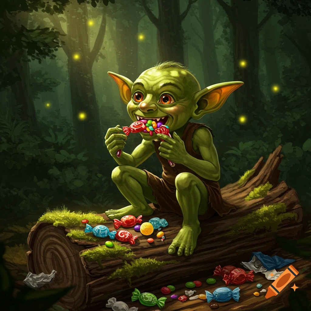 A green goblin on a mossy log in a dark forest happily eats colorful candies, with more scattered around.
