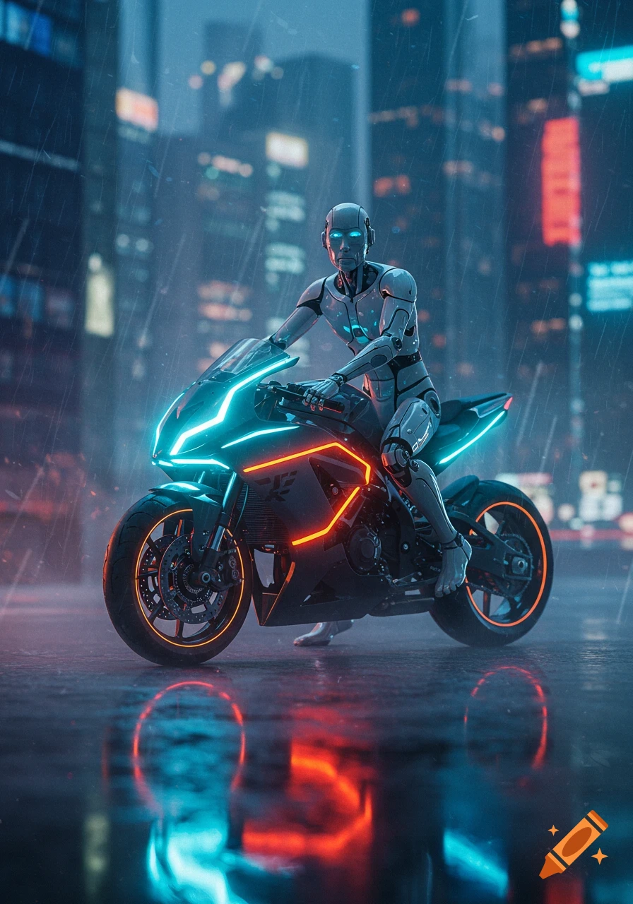 A sleek robot on a neon-lit futuristic motorcycle, parked on a wet city street at night in the rain, with glowing blue and orange lights.
