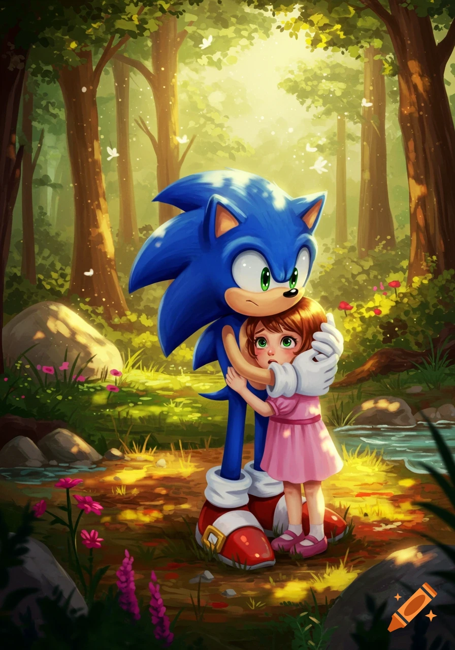Sonic the Hedgehog reassures a scared young girl in a sunlit, vibrant forest illustration.
