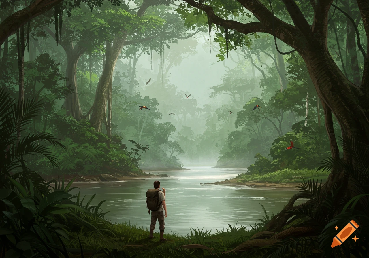 A man with a backpack stands by a wide river in a lush, misty rainforest with birds flying, digital painting.
