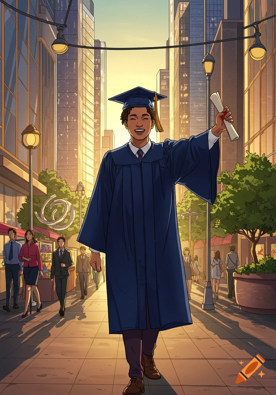 A happy college graduate in a blue gown and cap walks on a sunny city street, holding a diploma in an illustration style.