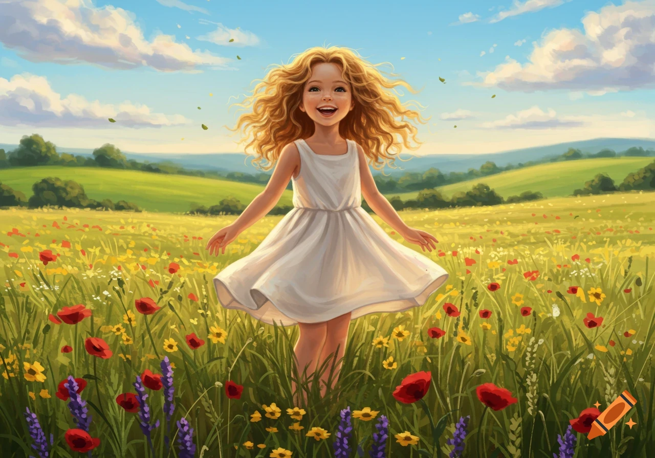 A happy little girl with curly blonde hair smiles in a vibrant wildflower field under a blue sky, illustrative style.