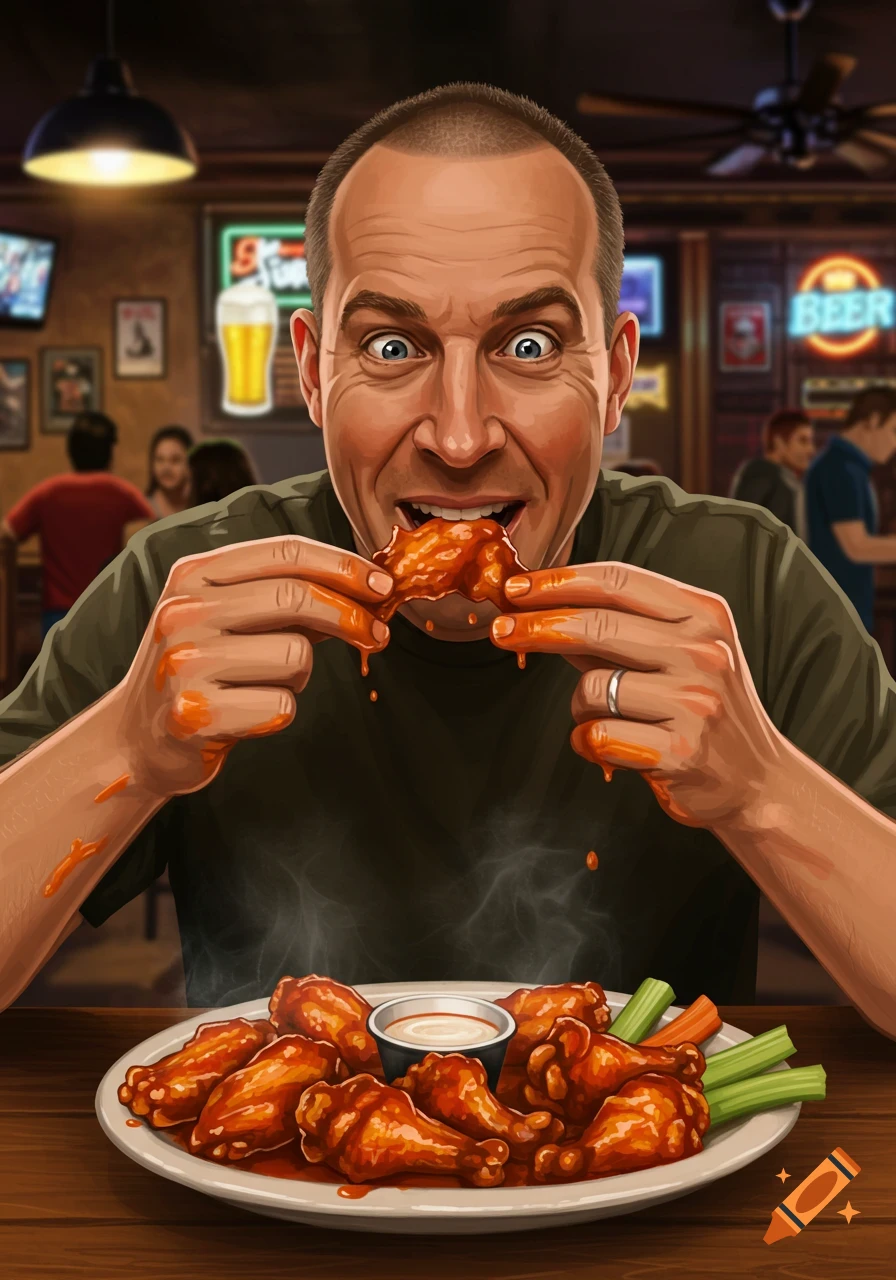 An illustration of a man with wide eyes enthusiastically eating a buffalo wing, with sauce on his hands and face, at a bar.