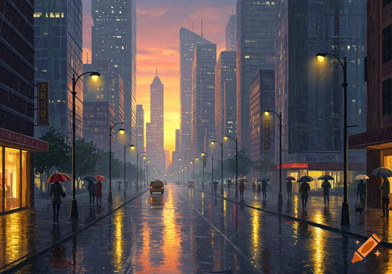 A digital painting of a rainy city street at sunset, with tall buildings, reflective wet pavement, glowing streetlights, and people holding umbrellas.