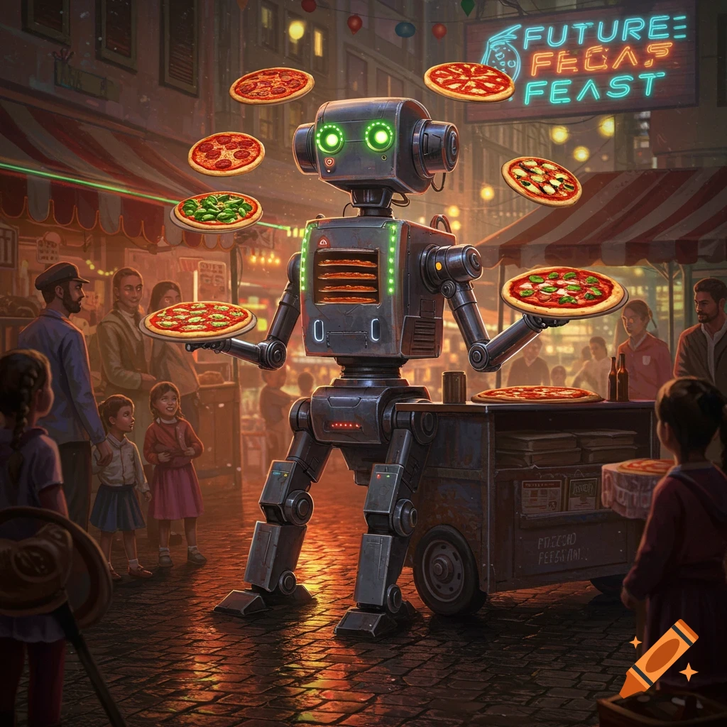 A robot street vendor with glowing green eyes juggles pizzas in a bustling, vibrant night market, surrounded by people, including children.