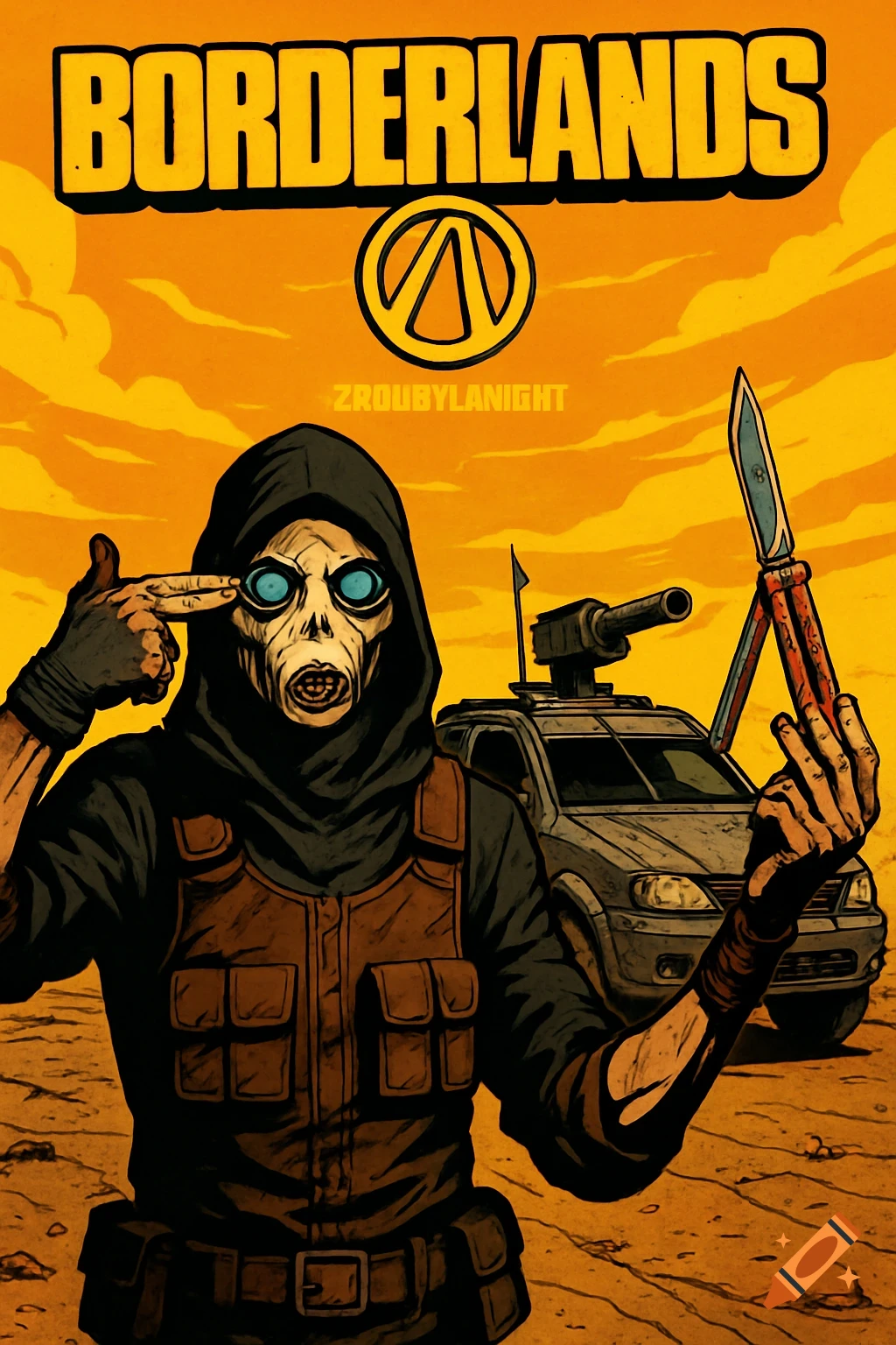 Cel-shaded Borderlands-style art of a masked, skull-faced character making a finger-gun gesture and holding a butterfly knife, standing in a desert with a modified car. "BORDERLANDS" is at the top.