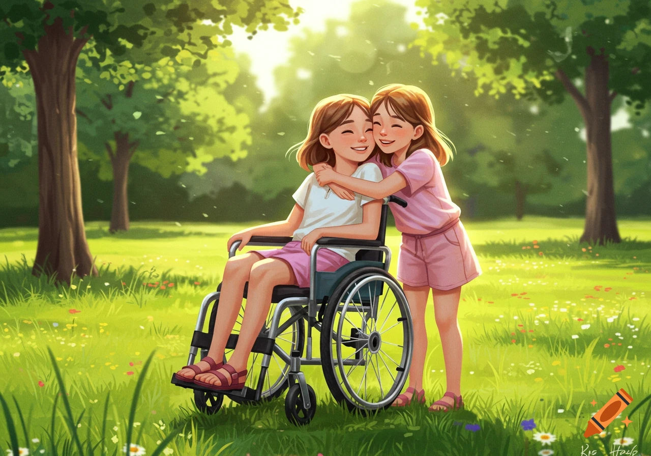 Two young girls, one in a wheelchair, hug happily in a sunny, vibrant park. Illustrated.