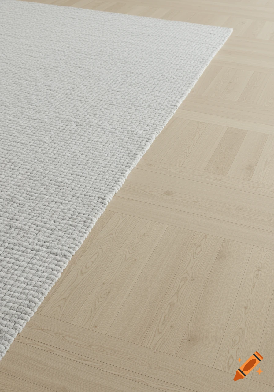 Textured light grey rug diagonally placed on a beige wooden floor, viewed from a slightly high angle.