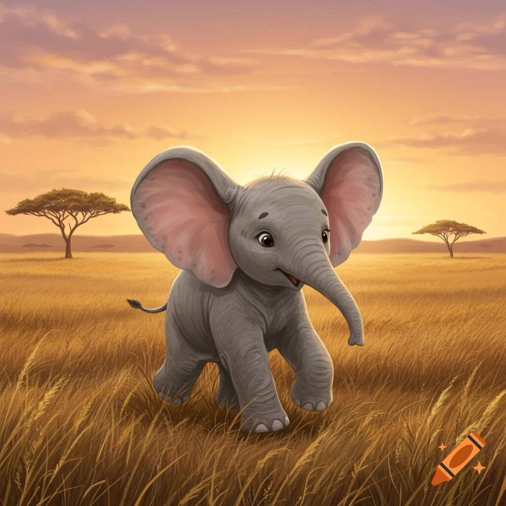 A cute, cartoon-style baby elephant walks through a golden savanna at sunset, with acacia trees in the background.