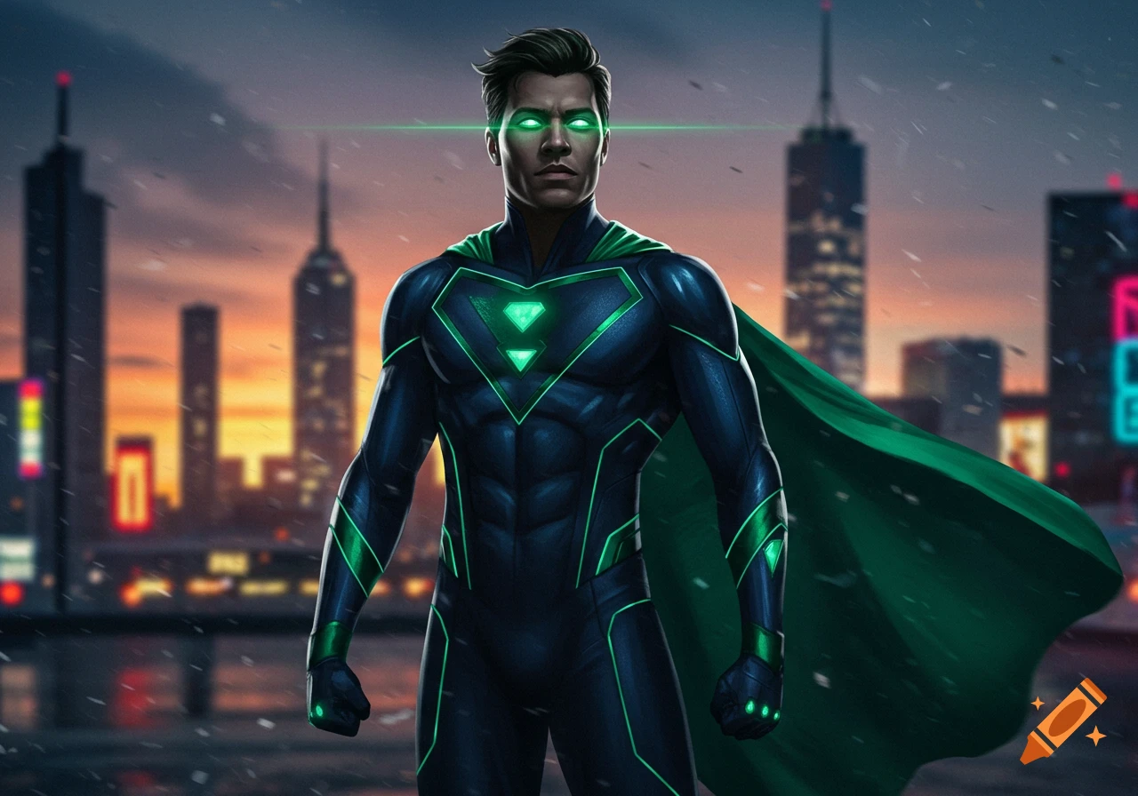 A male superhero in a dark suit with glowing green eyes and a green cape stands against a sunset city skyline with falling snow.