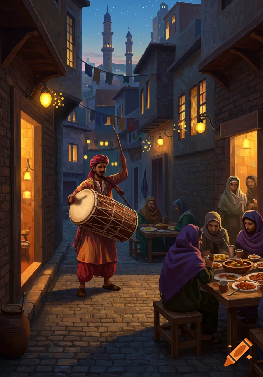 Painterly illustration of a man playing a drum in an illuminated alley at night, with people eating at tables and minarets in the distance.