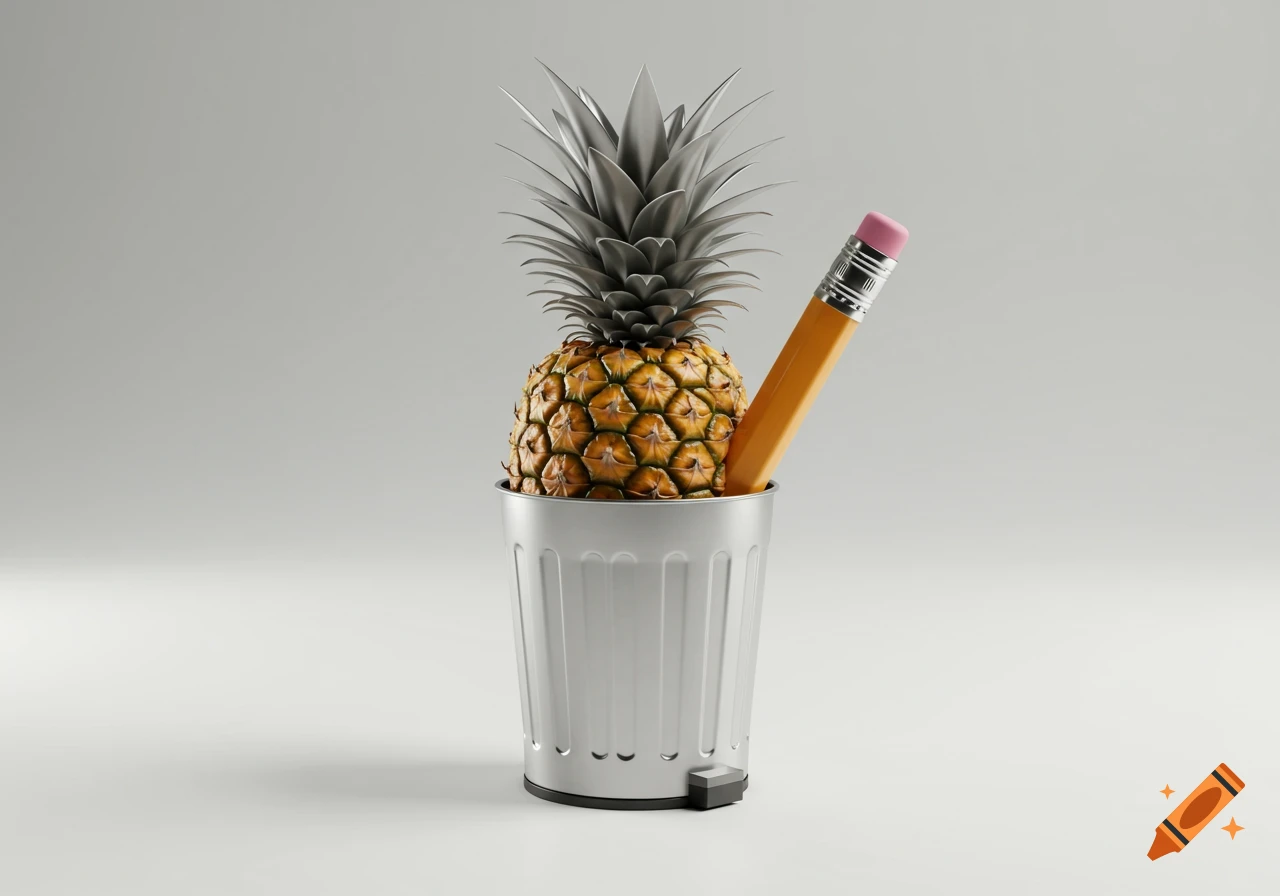 A pineapple with metallic leaves is placed inside a silver trash can, with a yellow pencil leaning against it, on a clean white background.