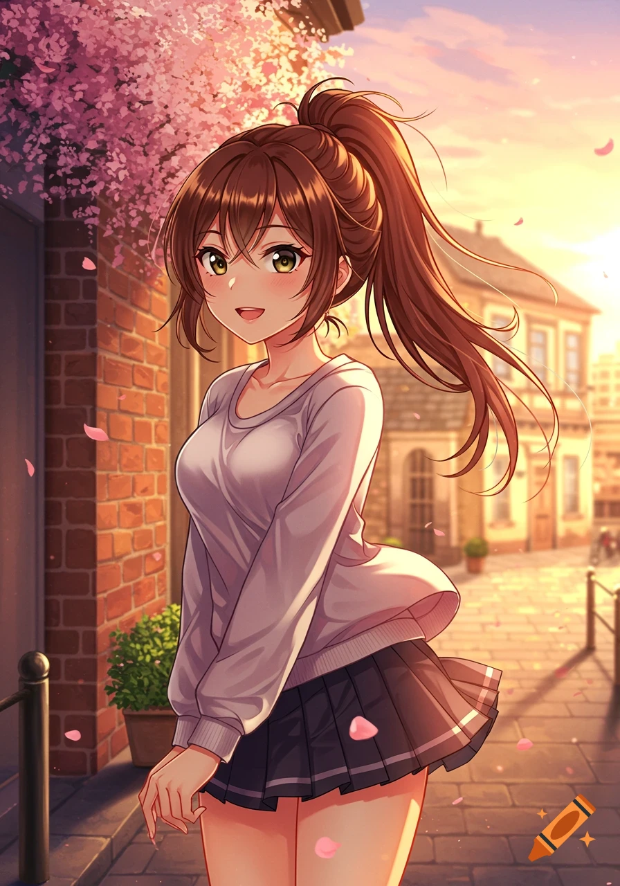 Smiling anime girl with brown ponytail in a white sweater and dark skirt, standing on a cherry blossom-lined street at sunset.