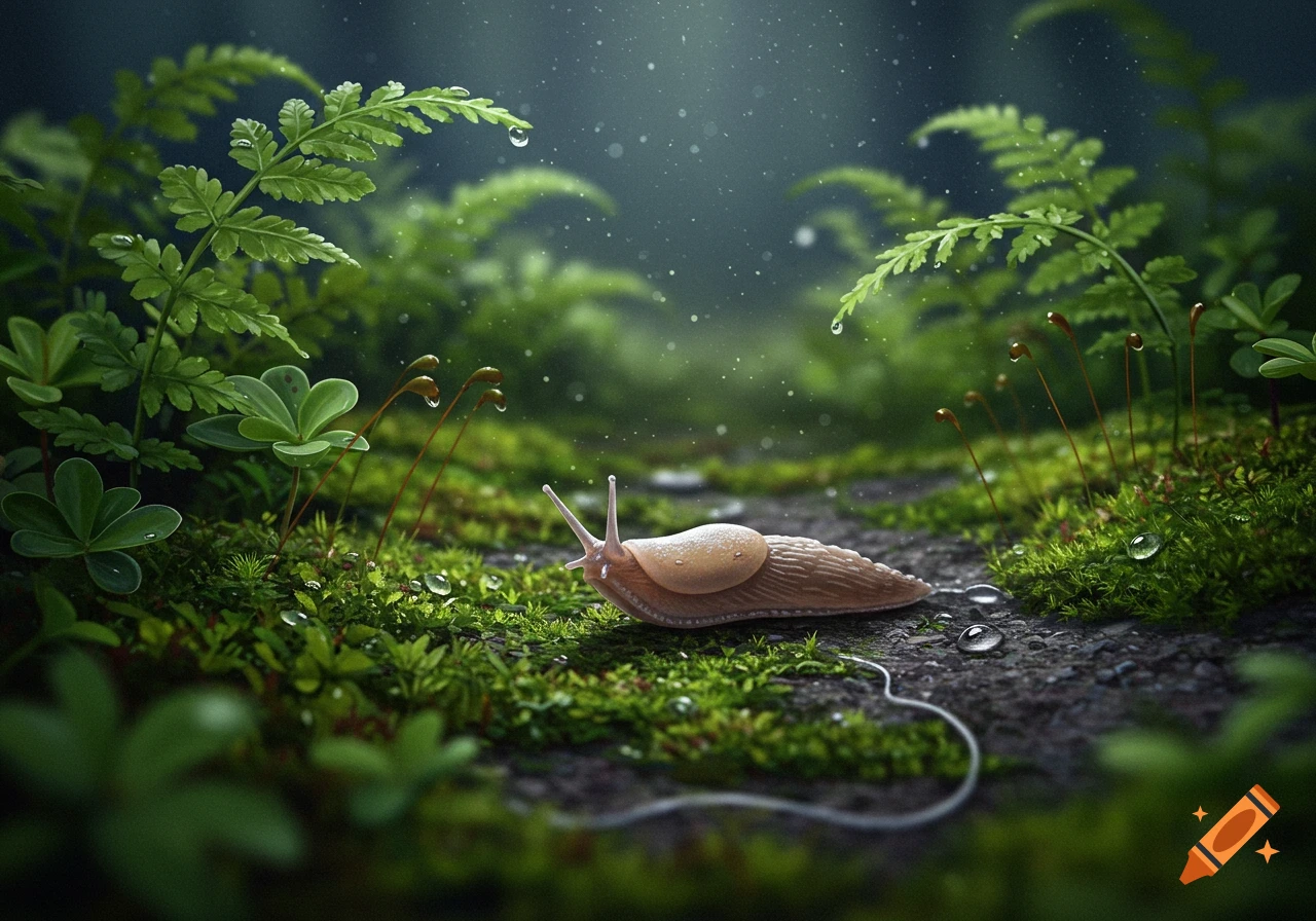 A photorealistic close-up of a slug slowly moving on a wet, mossy forest path with ferns and water droplets.