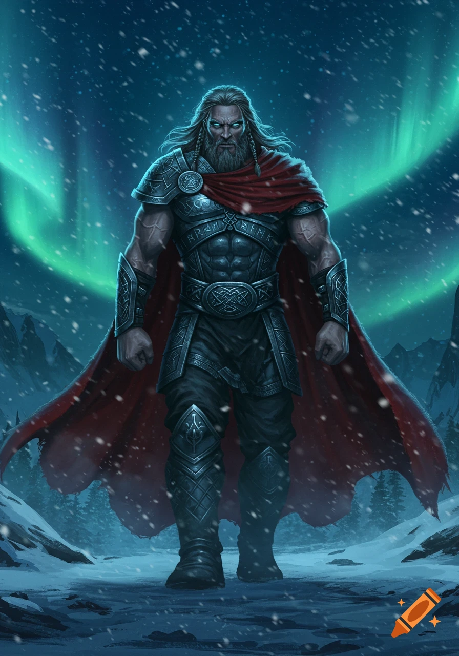 A muscular, bearded man in elaborate armor and a red cape walks in a snowy landscape under the Northern Lights.