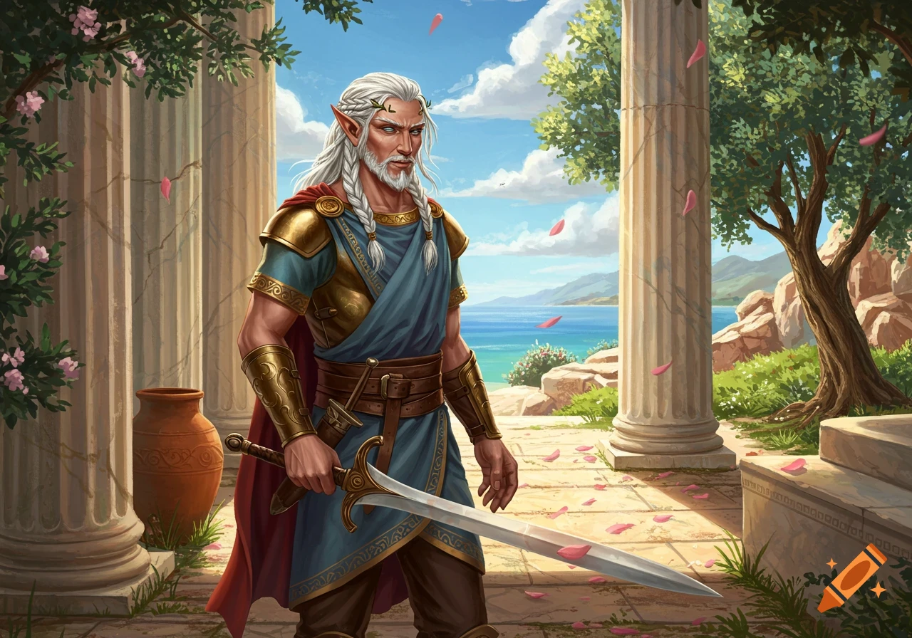 An aged half-elf warrior with a sword stands among ancient Greek columns, overlooking a blue sea under a cloudy sky.