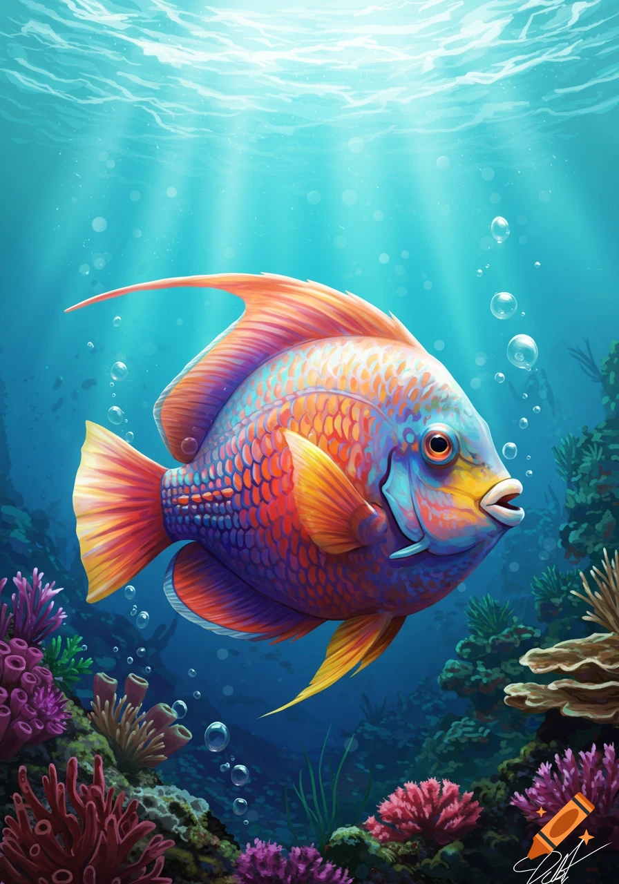 A vibrant, colorful tropical fish with orange and blue scales swims in a bright underwater coral reef. Digital illustration.