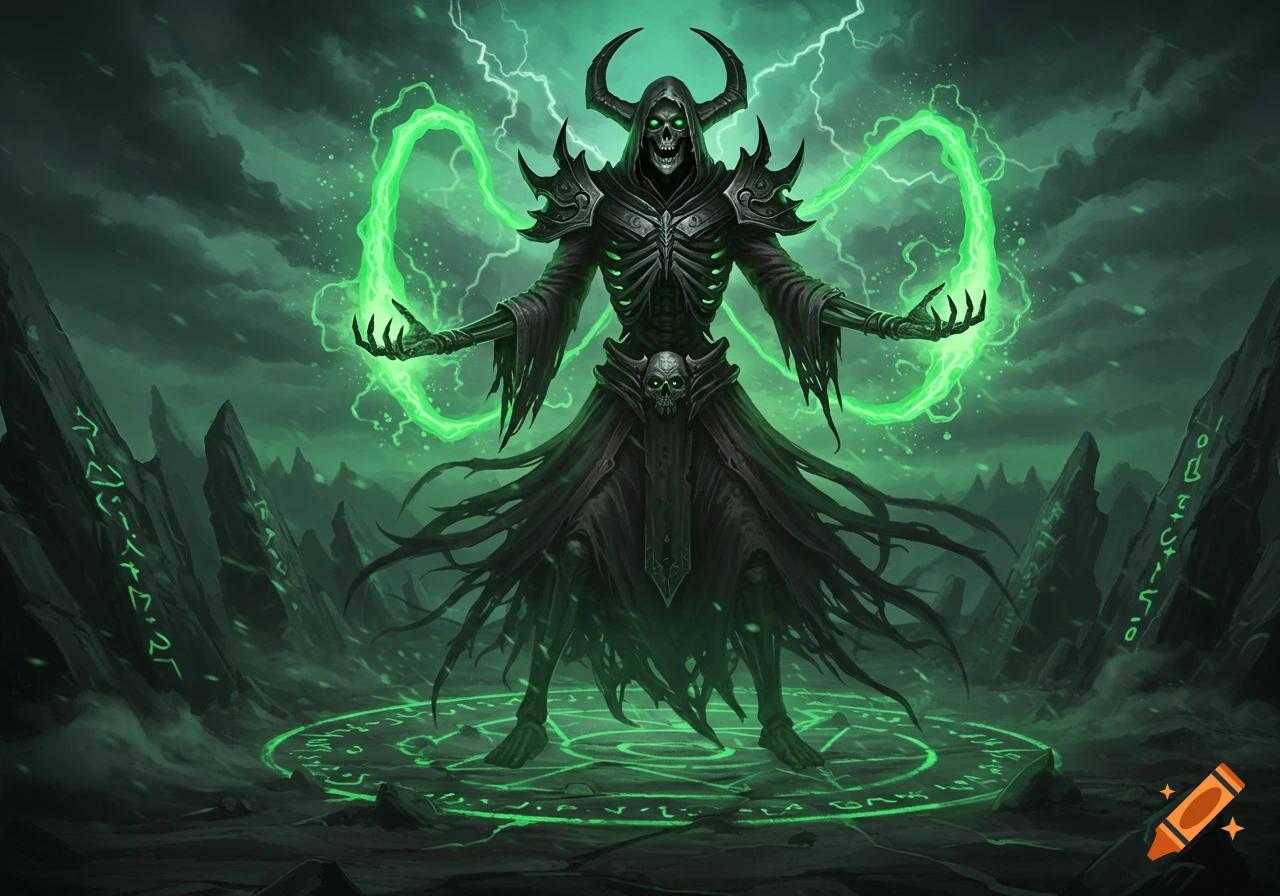 A dark skeletal mage in a hooded robe, with glowing green eyes and hands, casting green magic amidst lightning and runes.