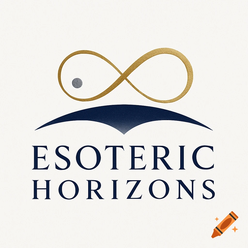 A logo with a golden infinity symbol and silver dot above a dark blue abstract shape, with "ESOTERIC HORIZONS" text below.
