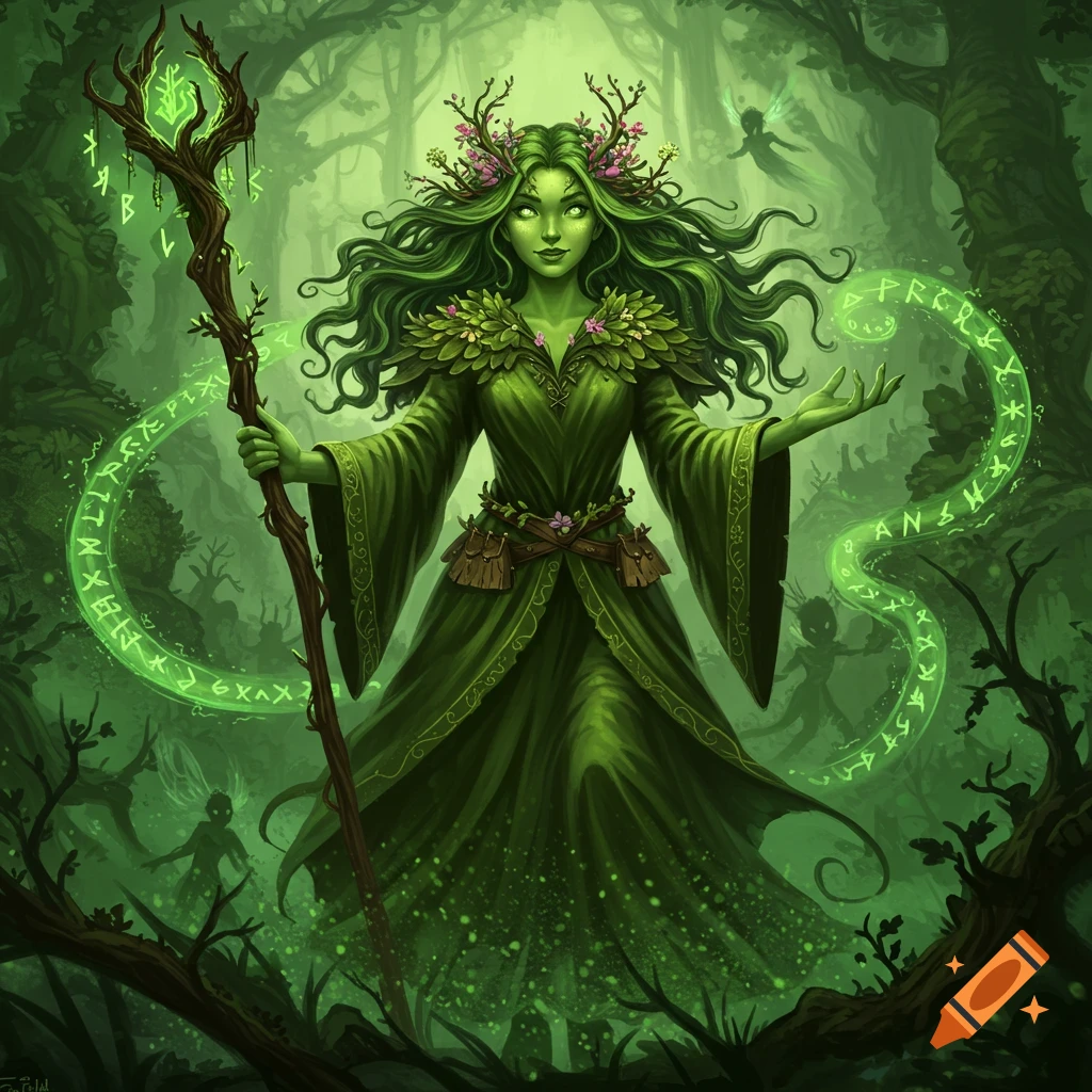 A vibrant green-skinned witch with flowing green hair and a floral crown, holding a glowing staff in a magical forest, surrounded by glowing runes.