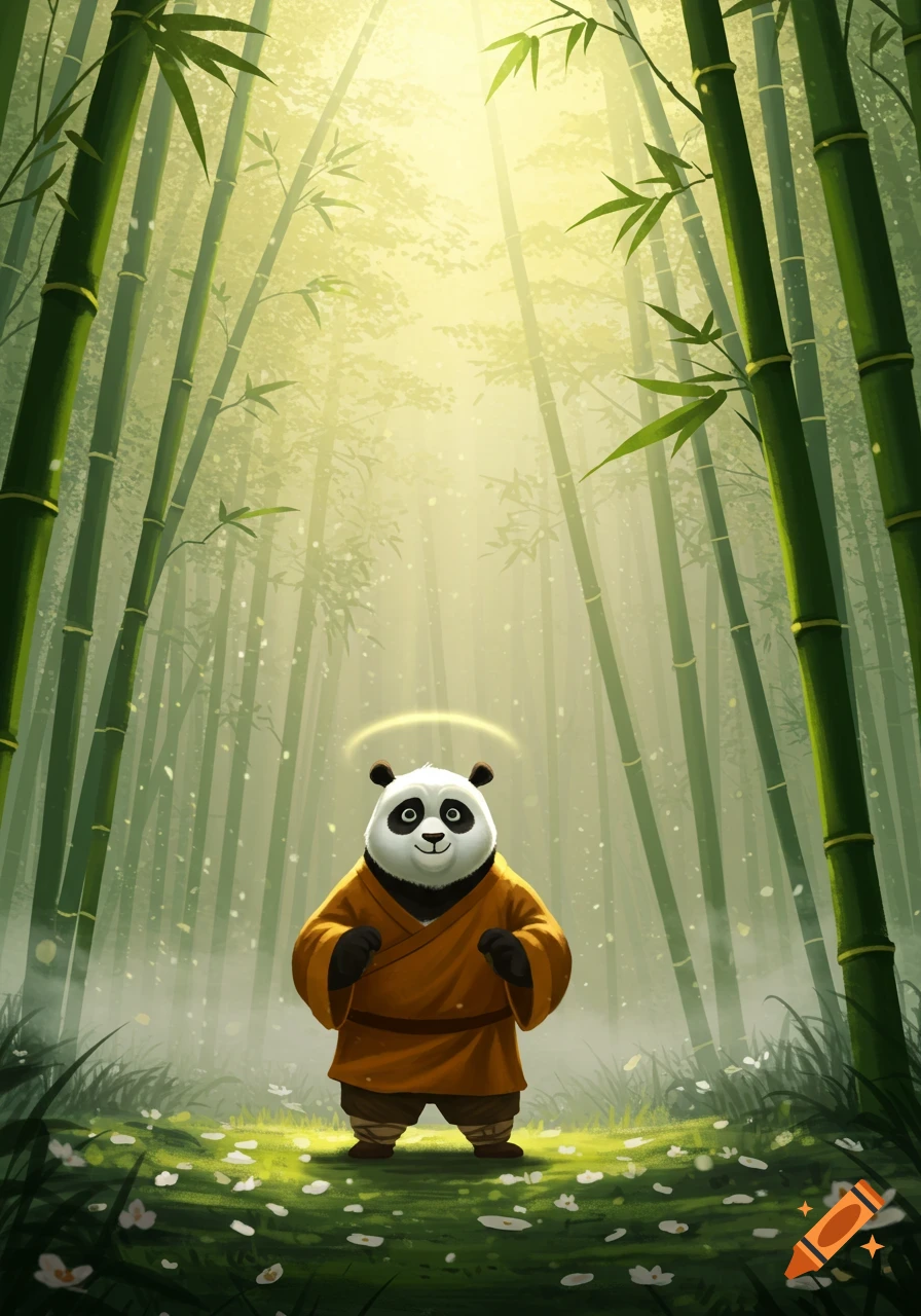 A cartoon panda with a golden halo stands smiling in a vibrant bamboo forest with light rays filtering through.