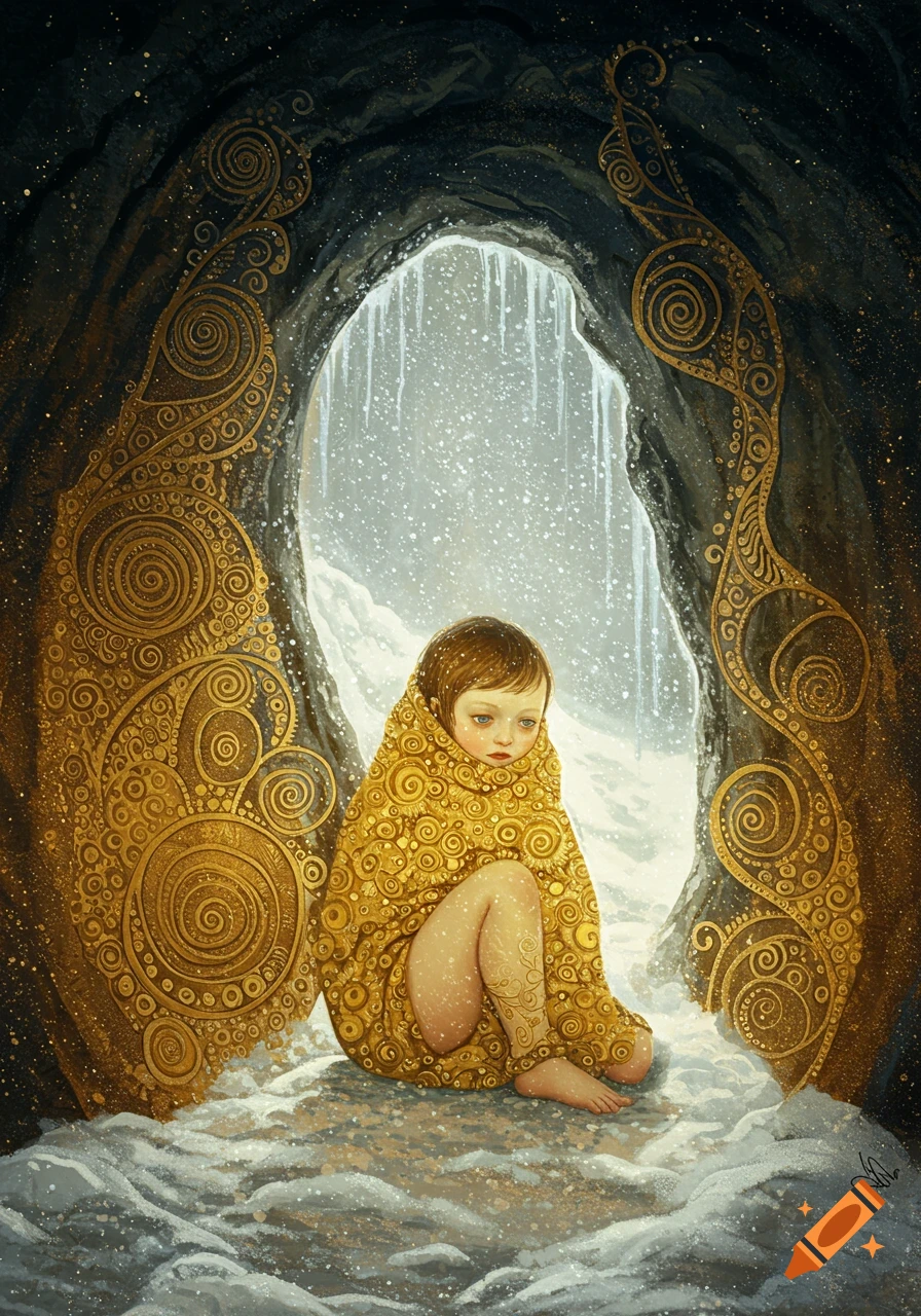 A child in a golden, patterned blanket sits shivering in a snowy cave entrance, in the style of Gustav Klimt.