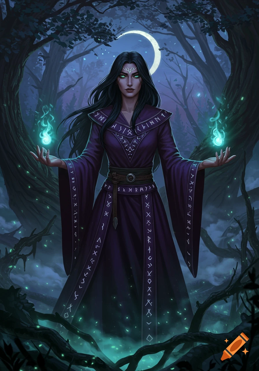 A dark-haired witch with glowing green eyes and a purple robe stands in a mystical forest, holding glowing blue magic in her hands under a crescent moon.