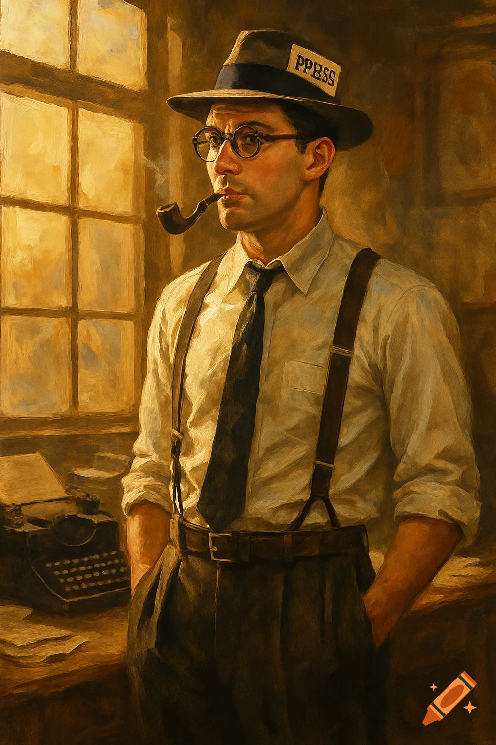 A warm-toned oil painting of a 1940s journalist in round glasses, smoking a pipe, wearing a hat with 'PPESS' on it, shirt, and suspenders.