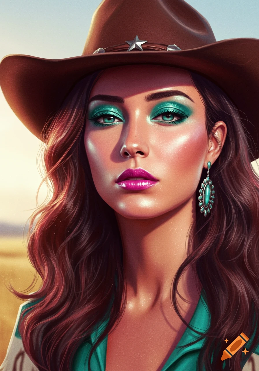 A glamorous portrait of a woman in a cowboy hat with vibrant teal eyeshadow, magenta lipstick, and long wavy brown hair.