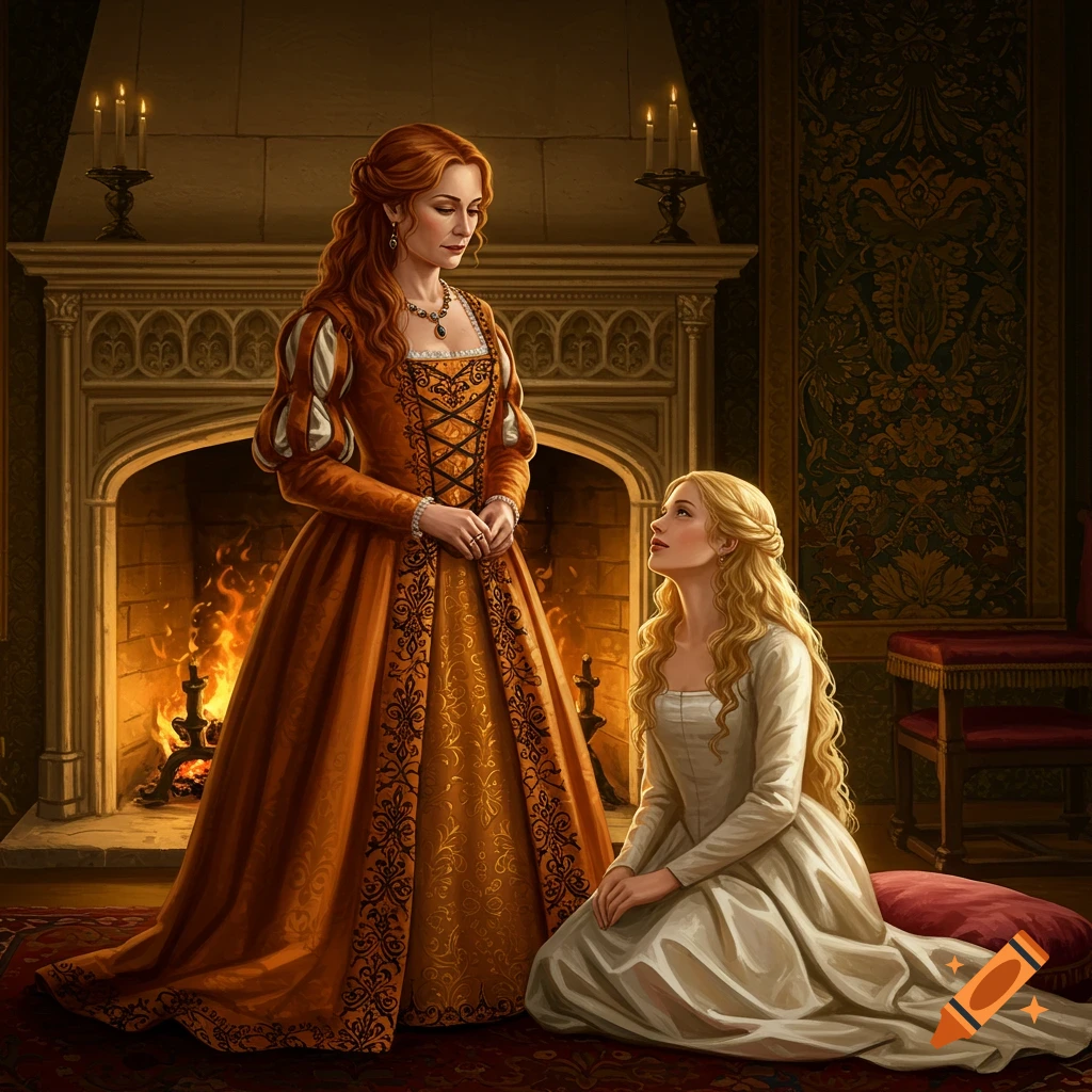 A woman in an orange 1550s gown stands by a fireplace, looking down at a young blonde woman in a white gown kneeling on a cushion.