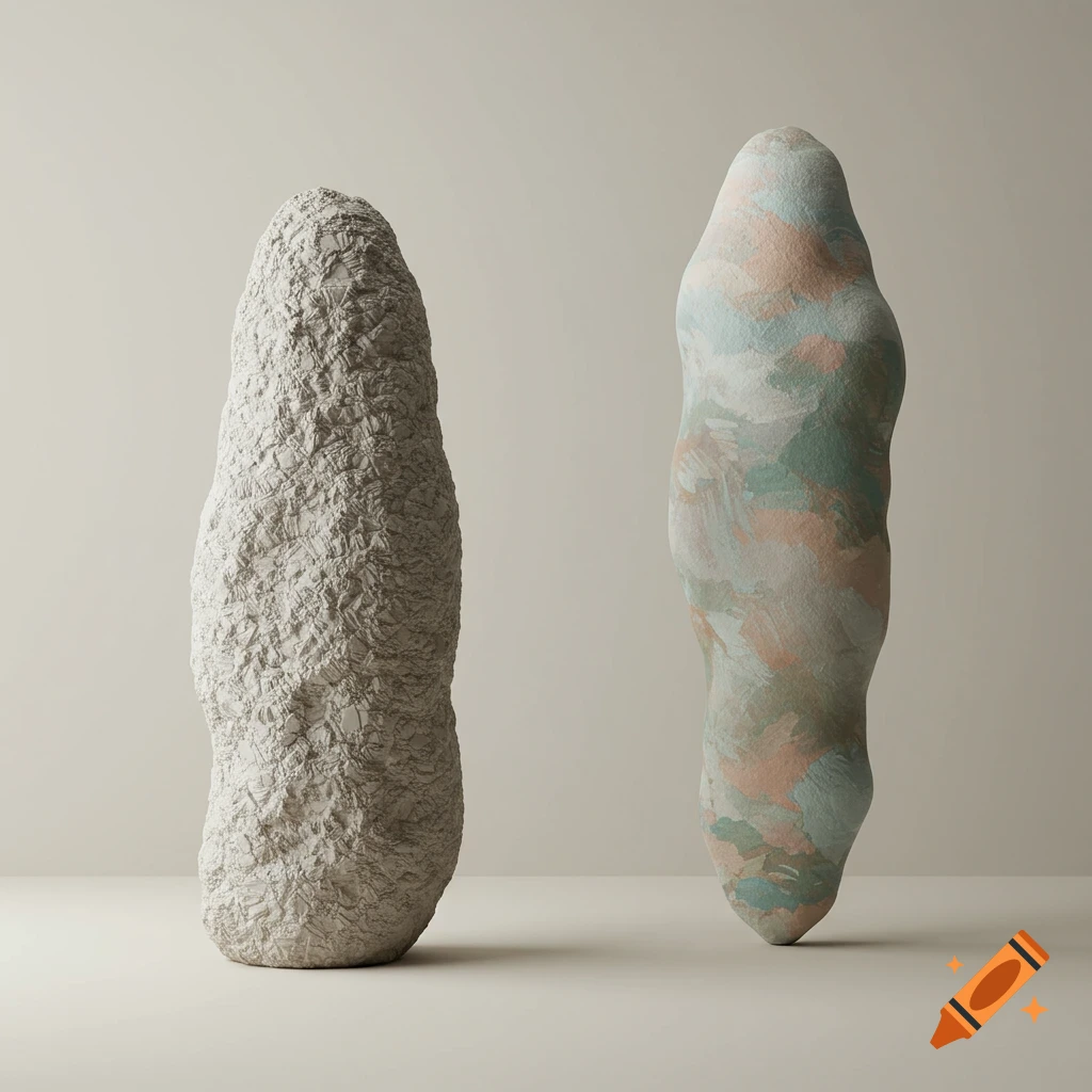 Two tall abstract sculptures, one grey and highly textured, the other smooth with pastel painted strokes, on a neutral background.