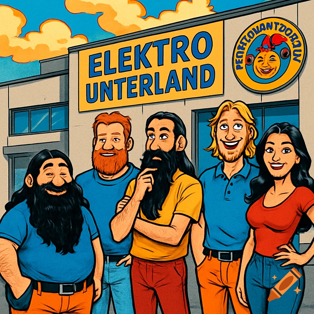 Cartoon of five diverse people standing in front of an "Elektro Unterland" store.