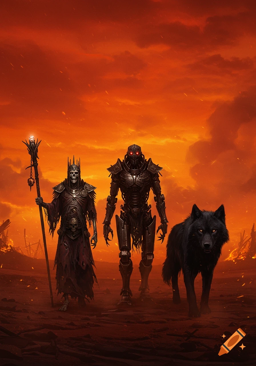 Dark fantasy art of an undead king, automaton, and black wolf walking on desolate terrain under a burning red sky.