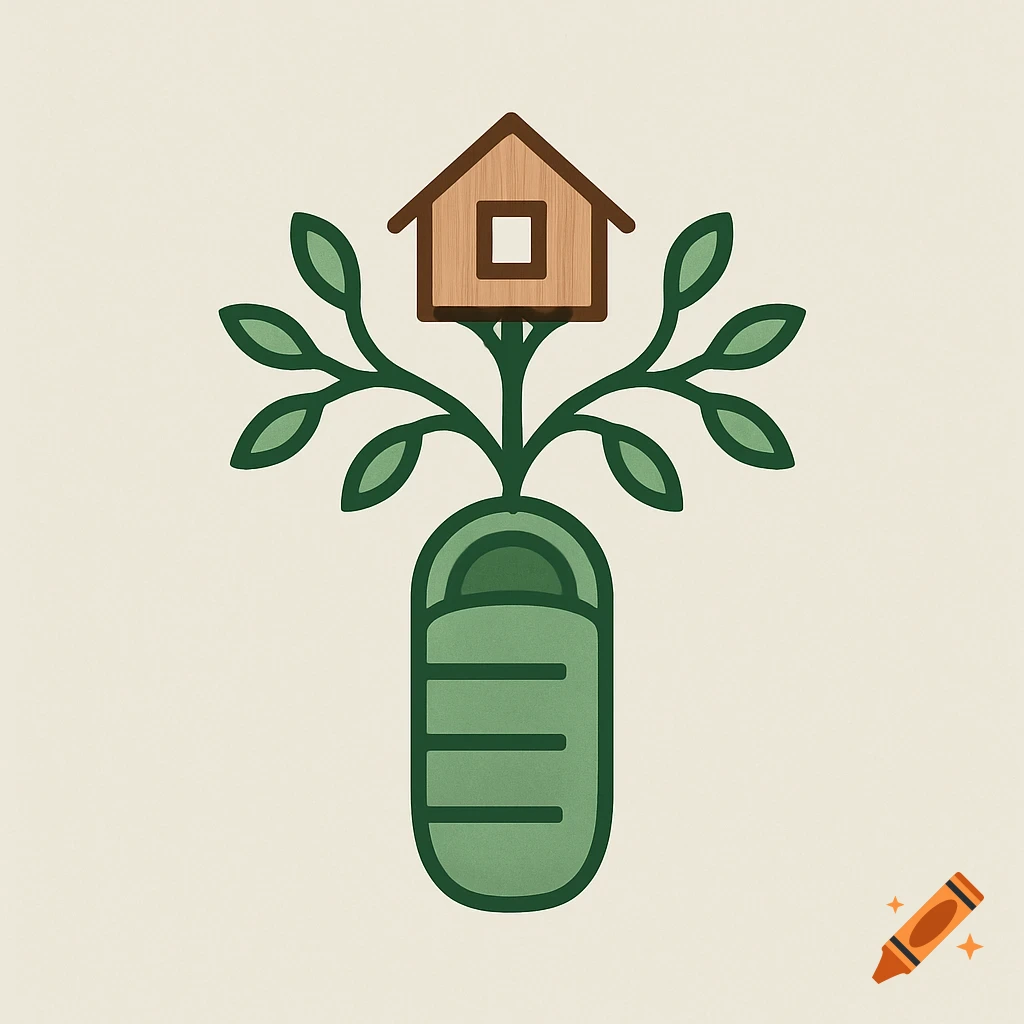 Stylized logo featuring a green sleeping bag as a tree trunk, with green leaves and a small wooden house on top.