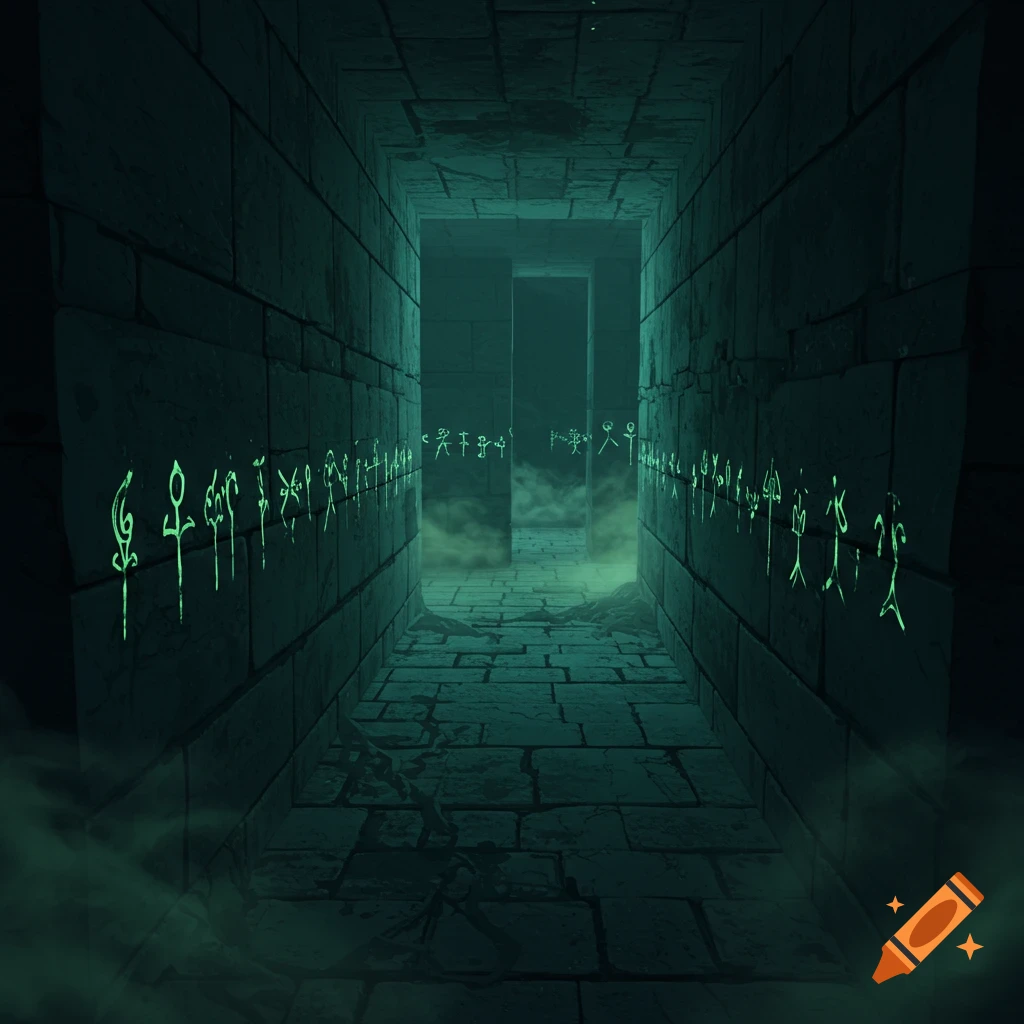 A first-person view of a dark, eerie stone maze corridor with glowing green symbols on the walls and misty ground, leading to a faint light.