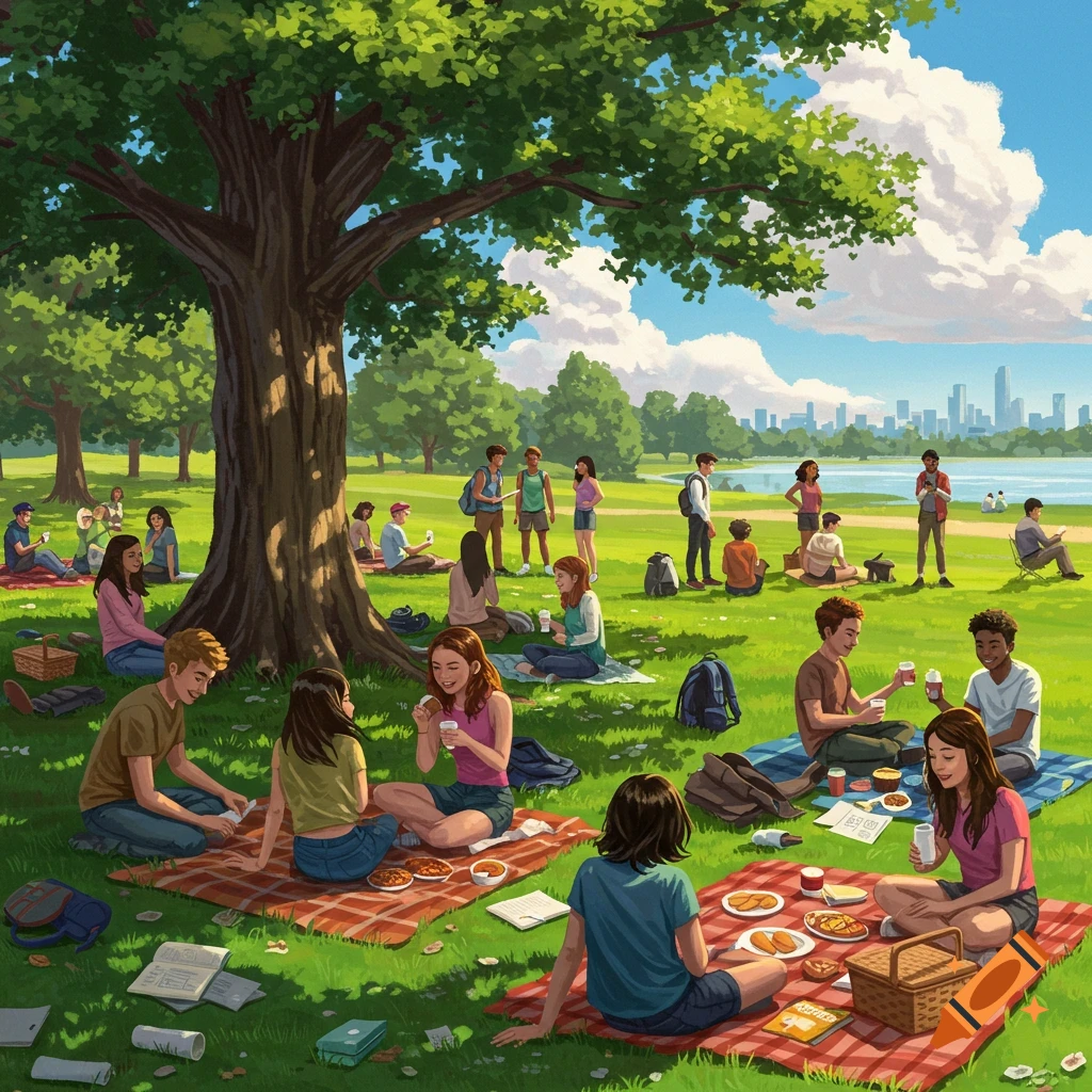 An illustration of many young people picnicking in a sunny park under a large tree, with a city skyline in the distance.