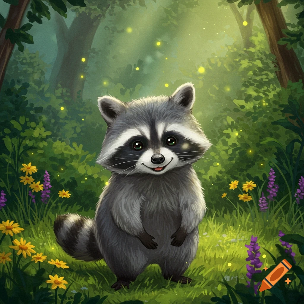 A cute, smiling raccoon stands in a lush green forest with yellow and purple flowers and glowing fireflies. Cartoon illustration.