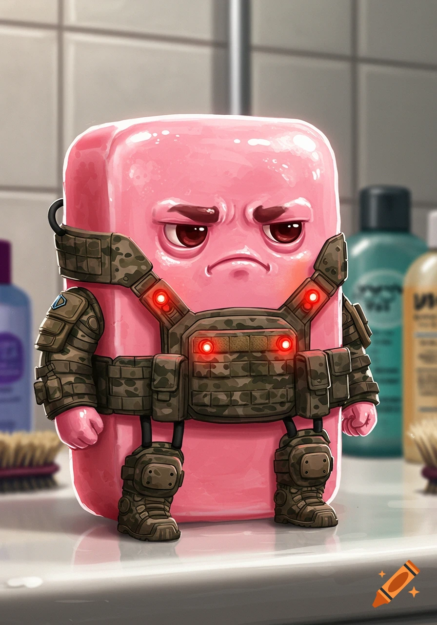 A grumpy, pink, animated bar of soap in camouflage tactical military gear stands in a bathroom.