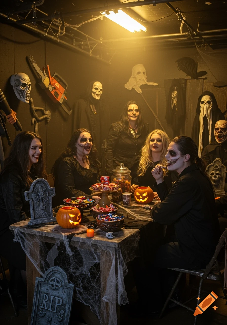 People in Halloween costumes and makeup sit around a table with candy and spooky decorations in a dimly lit room.