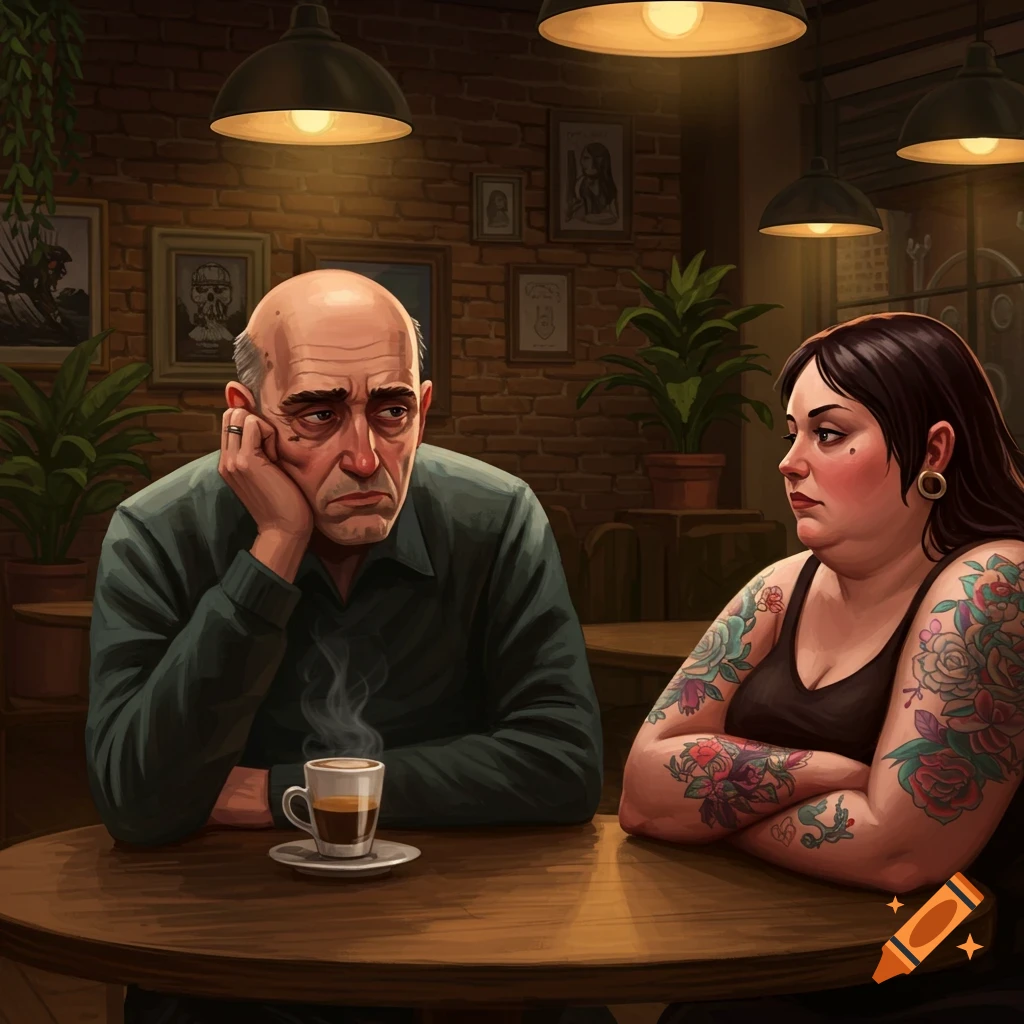 A bald, unhappy middle-aged man sips coffee across from a solemn woman with tattooed arms at a wooden table in a dimly lit cafe.